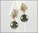 Boucles d'oreilles 2 perles rondes cat. B 10,60 et 10,70 mm or jaune 18K et 10 diamants poids total 0.10 ct (bopys10011)