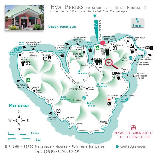 Eva Perles se situe sur l'ile de Moorea, a cote de la Banque de Tahiti a Maharepa, Polynesie francaise.